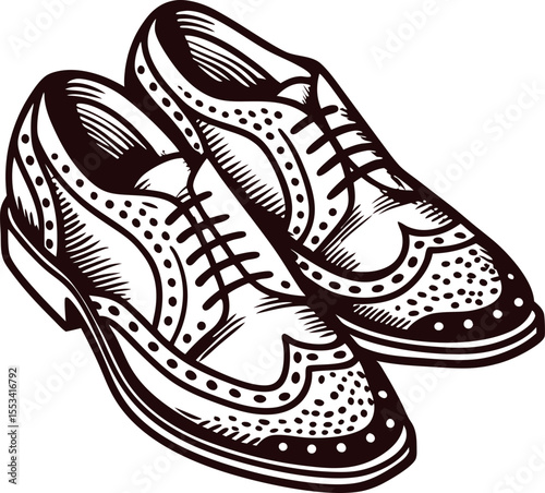 Vintage engraved illustration of classic men’s brogue shoes with decorative perforations and detailed leather texture