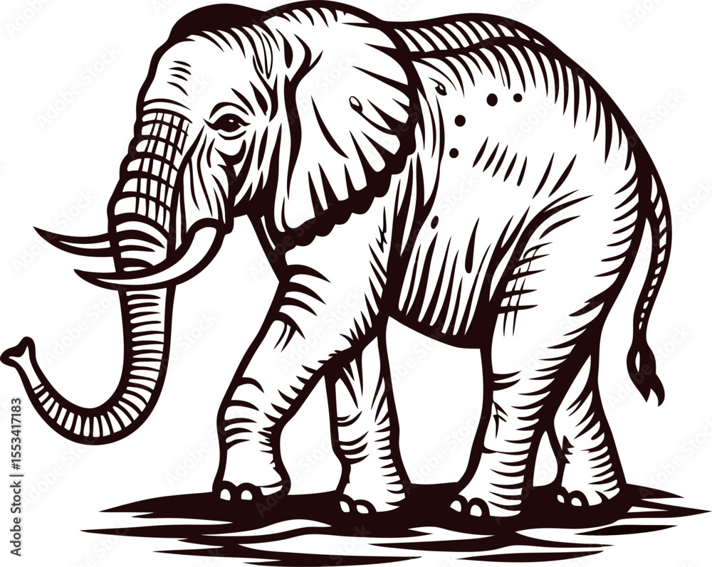 Fototapeta premium vintage engraved illustration of an african elephant walking with raised trunk on white background