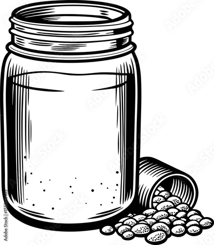 Hand drawn glass jar with screw lid filled with beans vintage black and white engraved illustration