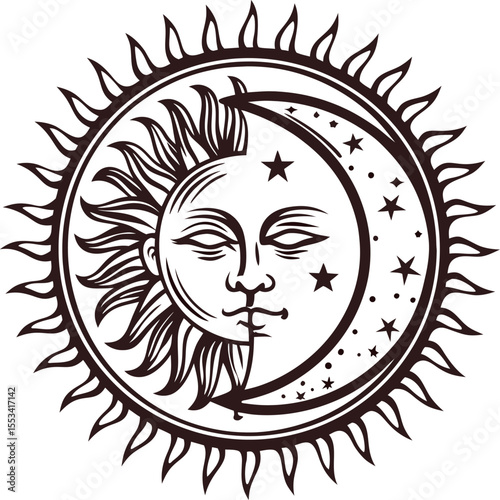 Intricate celestial sun and moon face illustration with stars and detailed rays in bohemian