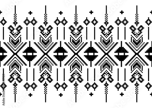 vector pattern, seamless ethnic pattern, pixel embroidery and folk symbols, geometric, black and white tones, textile and fashion clothing, from traditional Eastern European culture and needlework.