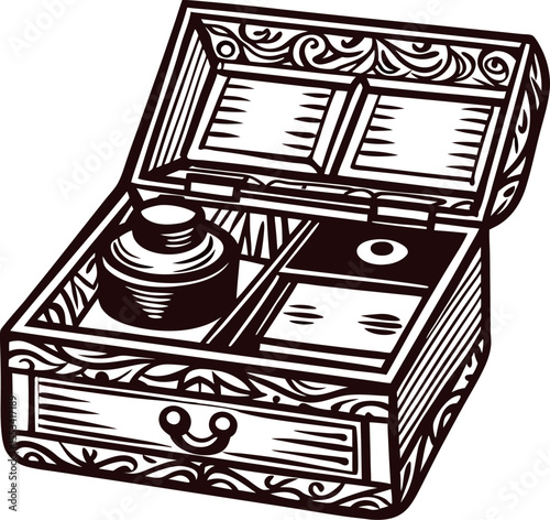 Ornate antique ink and quill drawer box engraved illustration isolated on white background