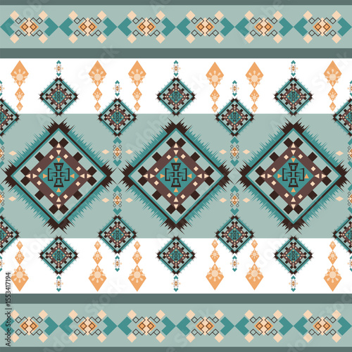 vector seamless pattern tribal, geometric, textile, Native American and Mexican inspired shapes warm green tones,fabric design, wallpaper, rug textures, clothing prints,traditional decorative crafts.