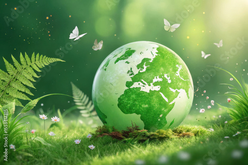 Vibrant green earth surrounded by nature and butterflies in soft sunlight