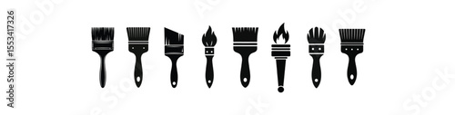 Collection of Eight Black Paint Brushes and Torch Icon Silhouettes on White Background