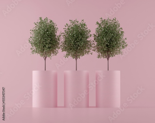 Three Small Green Trees in Pink Round Planters on a Soft Background
