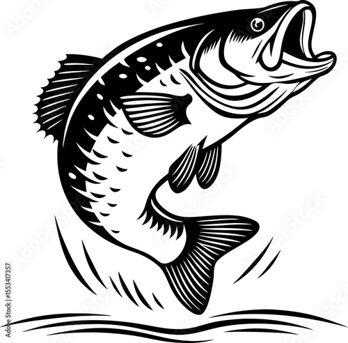 Jumping bass fish illustration in vintage black and white style, isolated leaping aquatic animal drawing
