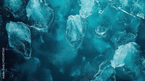 Close-Up Image of Clear Ice Pieces Floating in Deep Blue Water, Highlighting Texture and Transparency, Perfect for Nature and Winter Themes
