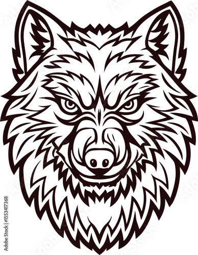 Fierce wolf head illustration with bold lines and detailed fur pattern in black and white