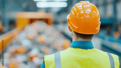 Rear view of an engineer, observing the automated sorting and crushing machinery at a large waste processing facility, ensuring operational efficiency.