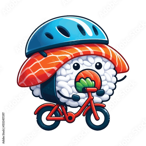  a sushi roll, with a layer of white rice underneath and the signature orange slice of raw salmon  on top.The sushi is wearing a blue helmet on its head, sitting on a red bicycle 