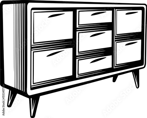 Mid century modern sideboard illustration with six drawers and tapered legs, retro minimalist furniture outline design