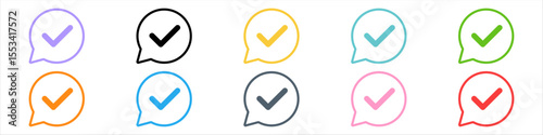 Checkmark or tick mark on speech bubble as a symbol of accept, agree or approval. Icon for app, website and UI. Colorful set of icons, vector illustration