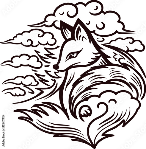 Stylized fox surrounded by swirling clouds in vintage line art tattoo illustration