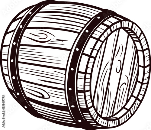 Hand drawn wooden barrel illustration in vintage engraving isolated on white background