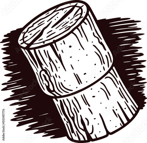 Hand drawn wooden log illustration with textured bark and shadow in vintage engraved