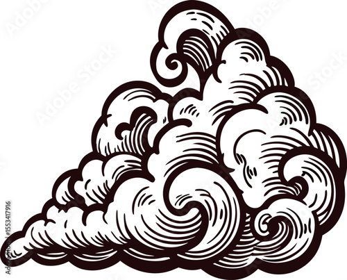 Intricate hand drawn cloud swirl illustration with vintage line art detailing isolated on white background