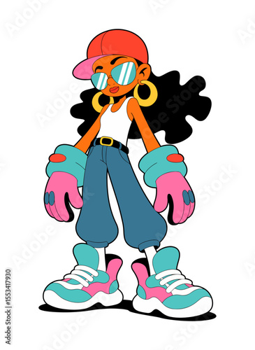 Illustration of a Fashionable Cartoon Girl Dressed in 90s Hip Hop Style