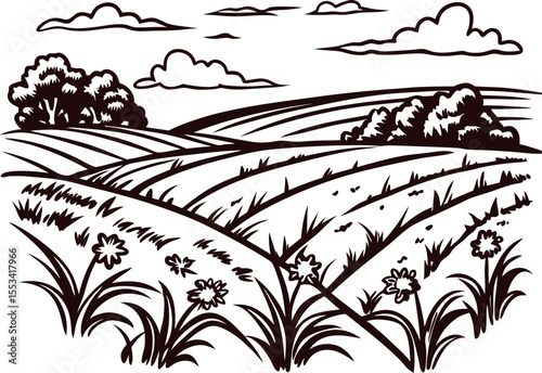 hand drawn rural farmland landscape with rolling hills, wildflowers and clouds in engraved vintage illustration