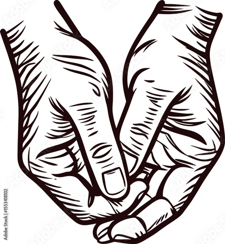 Detailed line art of two cupped hands gently holding together in caring gesture isolated on white background
