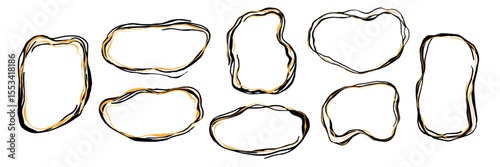 Hand drawn black and golden ink frames with organic and unusual shapes. Abstract geometric round grunge design with spiral lines. Vector minimalistic expressive linear shape. Unique aesthetic, border.