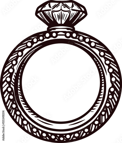 Detailed hand drawn vintage diamond engagement ring illustration with intricate ornamental patterns