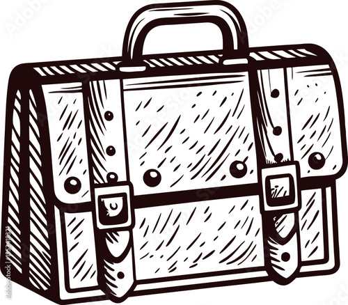 Hand drawn vintage leather briefcase isolated illustration engraved suitcase with handle and buckles