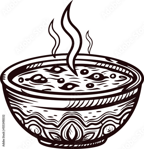 Hand drawn ornate soup bowl illustration with steam rising vintage ceramic dishware sketch isolated