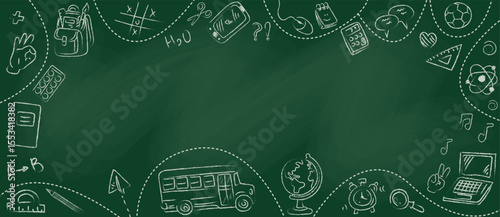 Back to school in chalk doodle style on blackboard. Template of a school poster with hand drawn accessories and copyspace. Banner template with school supplies frame. Vector illustration