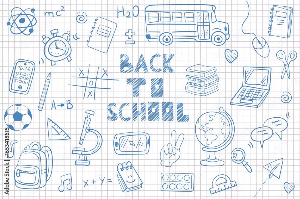 Obraz premium set School doodles on notebook sheet. collection Back to school. School supplies and elements are drawn on a notebook page. Hand-drawn vector illustrations. outline ornament