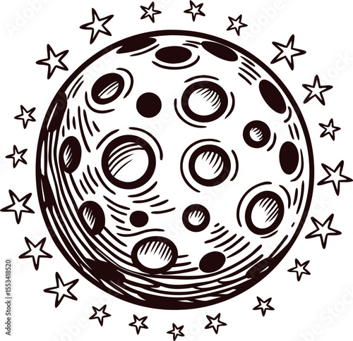 Hand drawn illustration of moon with craters and stars in vintage engraved sketch