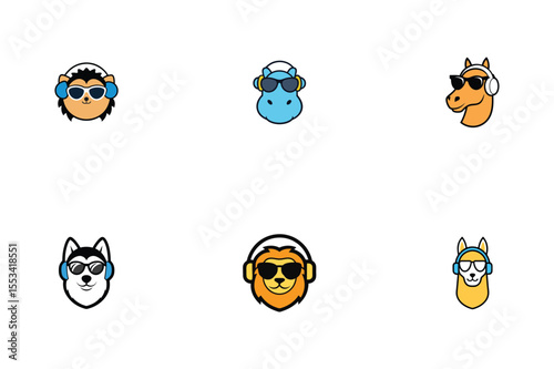 Cool Animals with Headphones and Sunglasses Cute Cartoon Icons