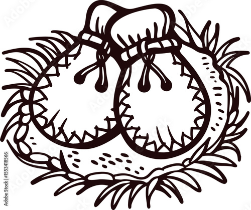 Hand drawn illustration of traditional fur mittens resting on textured surface vintage winter clothing sketch