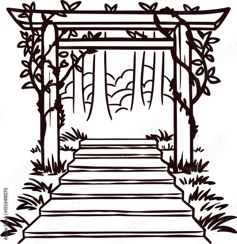 Hand drawn torii gate with climbing vines and stone steps in wooded nature setting