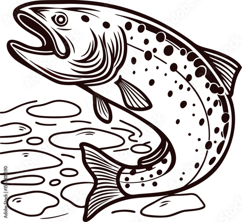 Jumping trout illustration with open mouth and water ripples in vintage engraved drawing