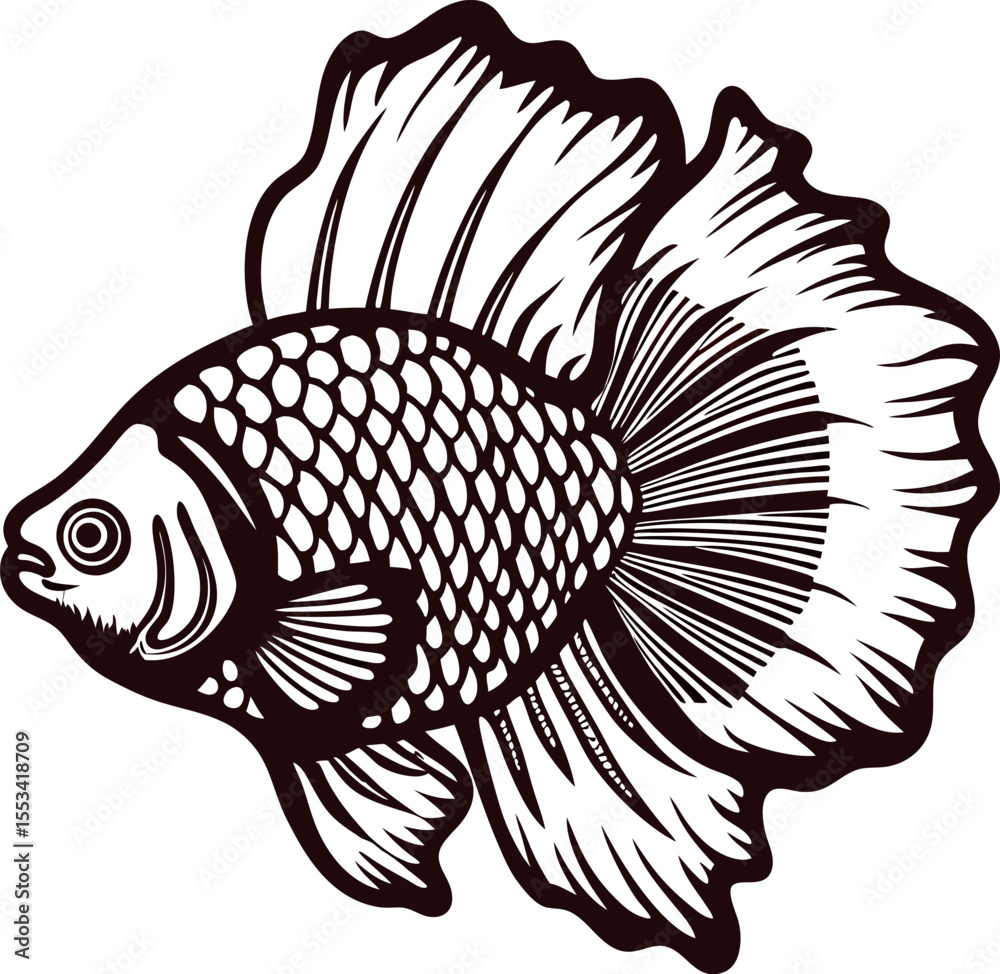 Fototapeta premium Detailed vintage drawing of a betta fish with large flowing fins isolated on white background