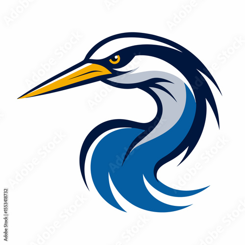 Stylized blue heron mascot with sharp lines and bold colors