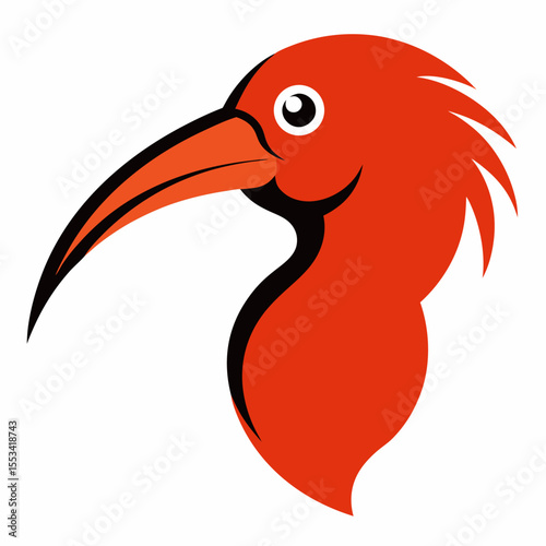 Stylized red ibis head with a long curved beak and white eye