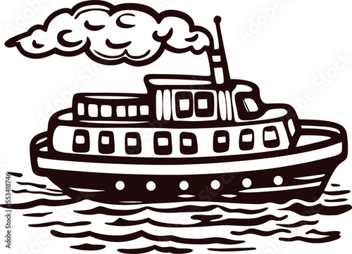 Vintage hand drawn ferry boat on water with smoke stack and windows in retro engraved illustration