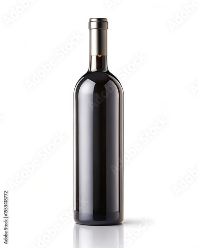 Elegant bottle of dark red wine stands isolated against a clean white backdrop creating a sophisticated still life.