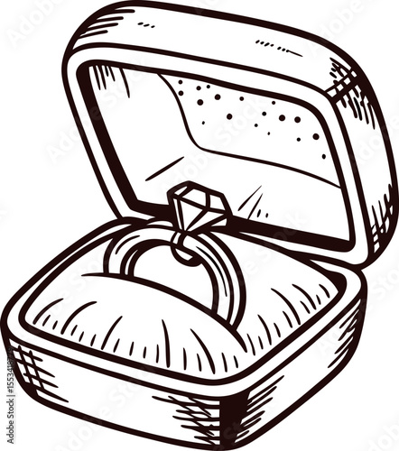 Engraved jewelry ring in open velvet box sketch hand drawn vintage diamond proposal illustration, isolated