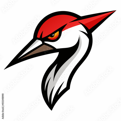Aggressive red headed woodpecker mascot with fierce yellow eye