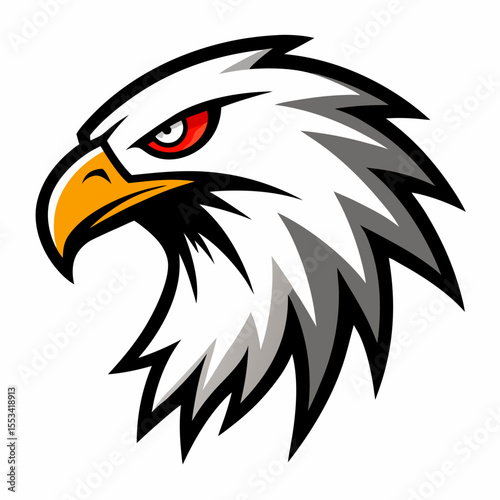 Stylized eagle head emblem with fierce red eye and orange beak