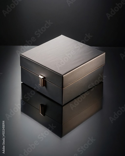 Elegant dark box with golden accents displayed on a reflective surface creating a sophisticated and luxurious look.