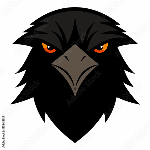 Intense black bird of prey with fiery orange eyes and sharp beak