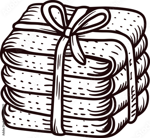 Hand drawn bundle of fabric tied with ribbon, vintage engraving sketch illustration on white background