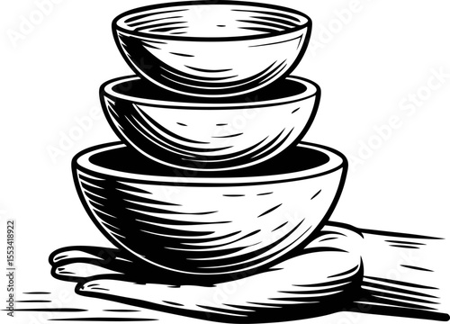 Hand holding three stacked bowls in vintage engraved sketch illustration