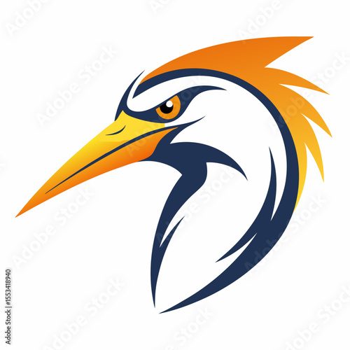 Stylized orange and blue heron bird head logo design