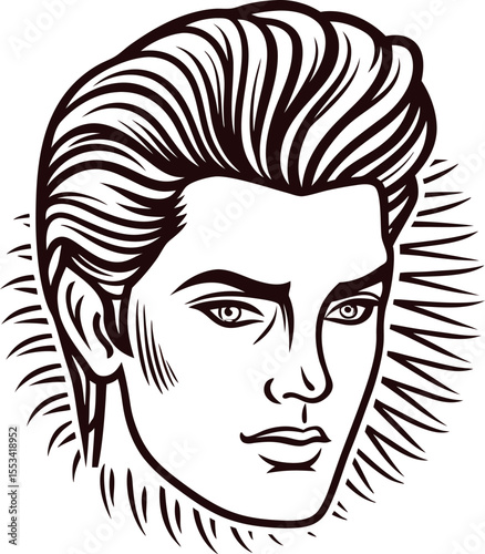 Retro styled young man portrait with pompadour hair and sharp features in vintage engraved illustration