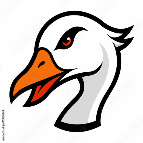 Aggressive goose head mascot with fierce orange beak and red eye